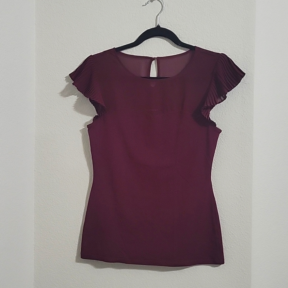 Express burgundy top heart shape with sheer top with ruffle arms. Small.